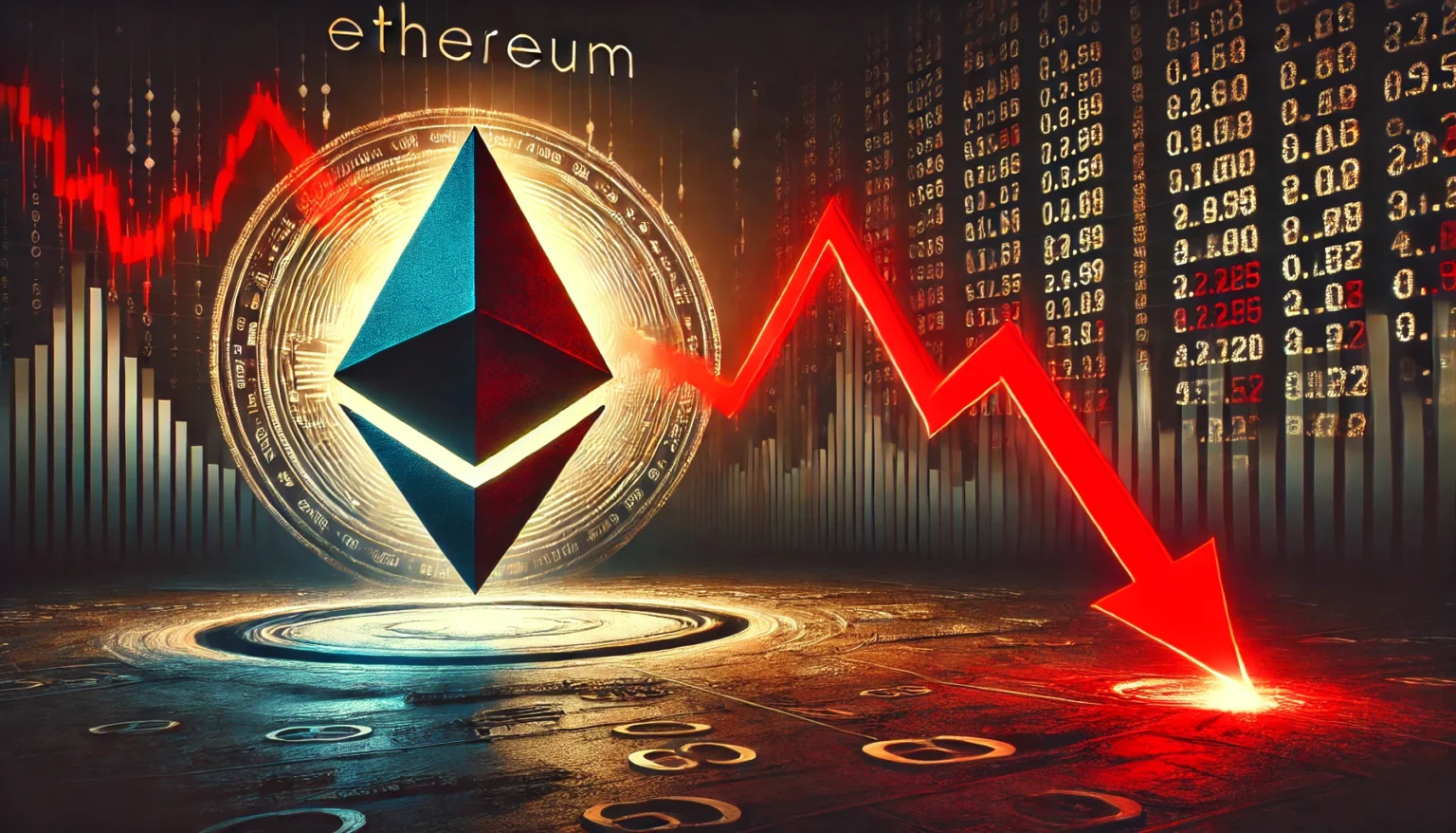 Ethereum facing a financial crisis. The image features the Ethereum logo with a red downward trending price