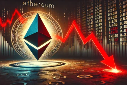 Ethereum facing a financial crisis. The image features the Ethereum logo with a red downward trending price