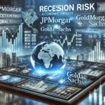 JPMorgan and Goldman Sachs economic forecasts. A high tech digital stock exchange board displays recession risk ind