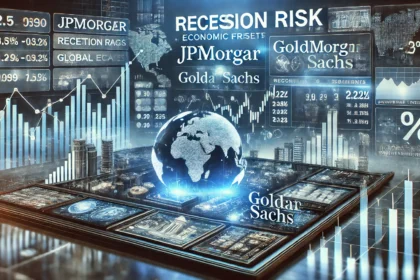 JPMorgan and Goldman Sachs economic forecasts. A high tech digital stock exchange board displays recession risk ind