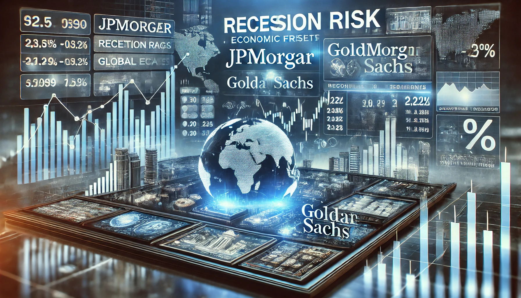 JPMorgan and Goldman Sachs economic forecasts. A high tech digital stock exchange board displays recession risk ind