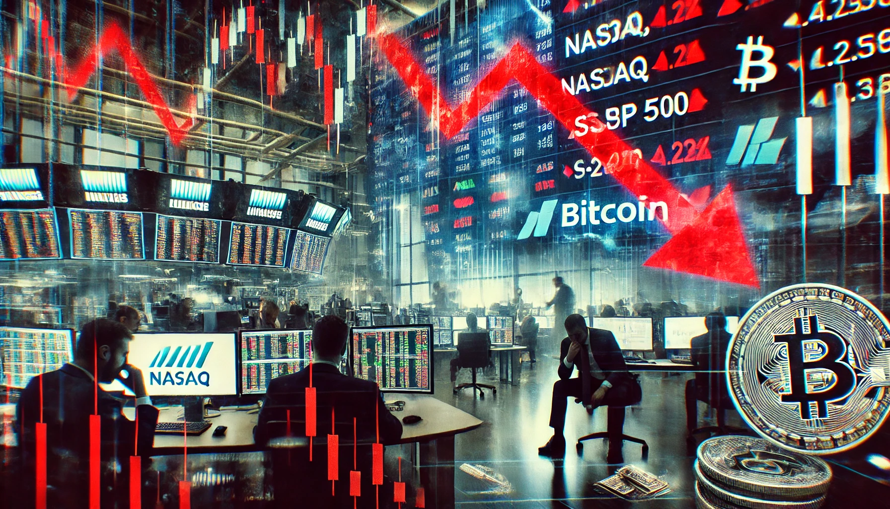 NASDAQ and SP 500 plunging with red downward arrows indicating market decline. In the foreground a digital t