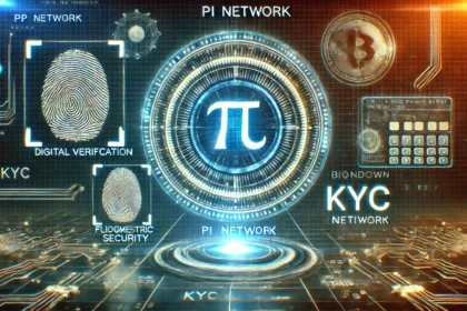 Pi Network. The image includes a glowing Pi Network logo biometric security elements like fingerp