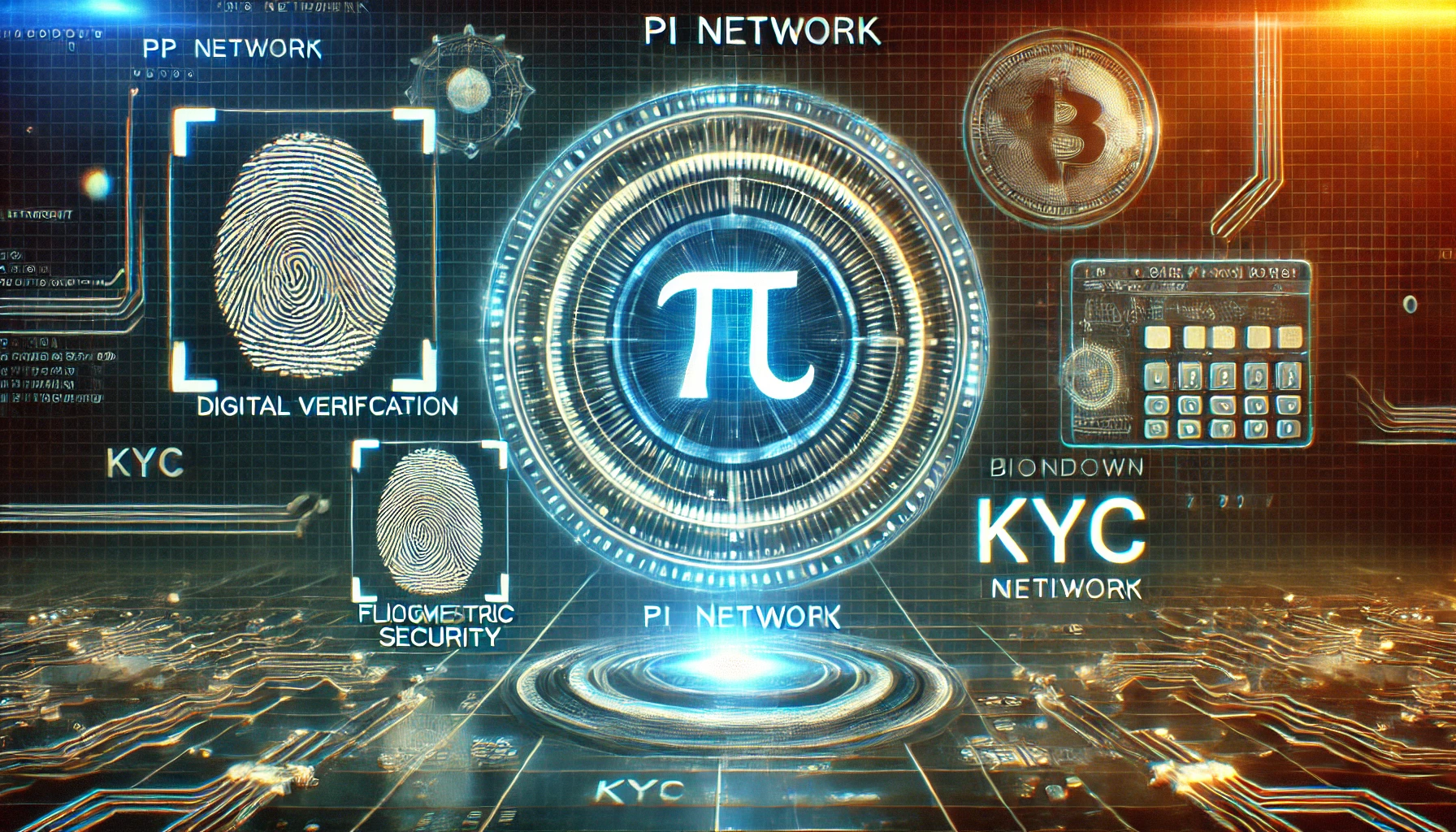 Pi Network. The image includes a glowing Pi Network logo biometric security elements like fingerp