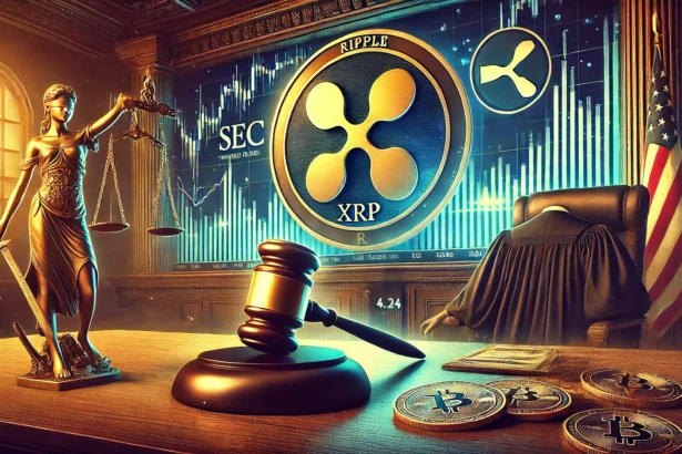 Ripple and the SEC. The image features a courtroom setting with the Ripple XRP lo