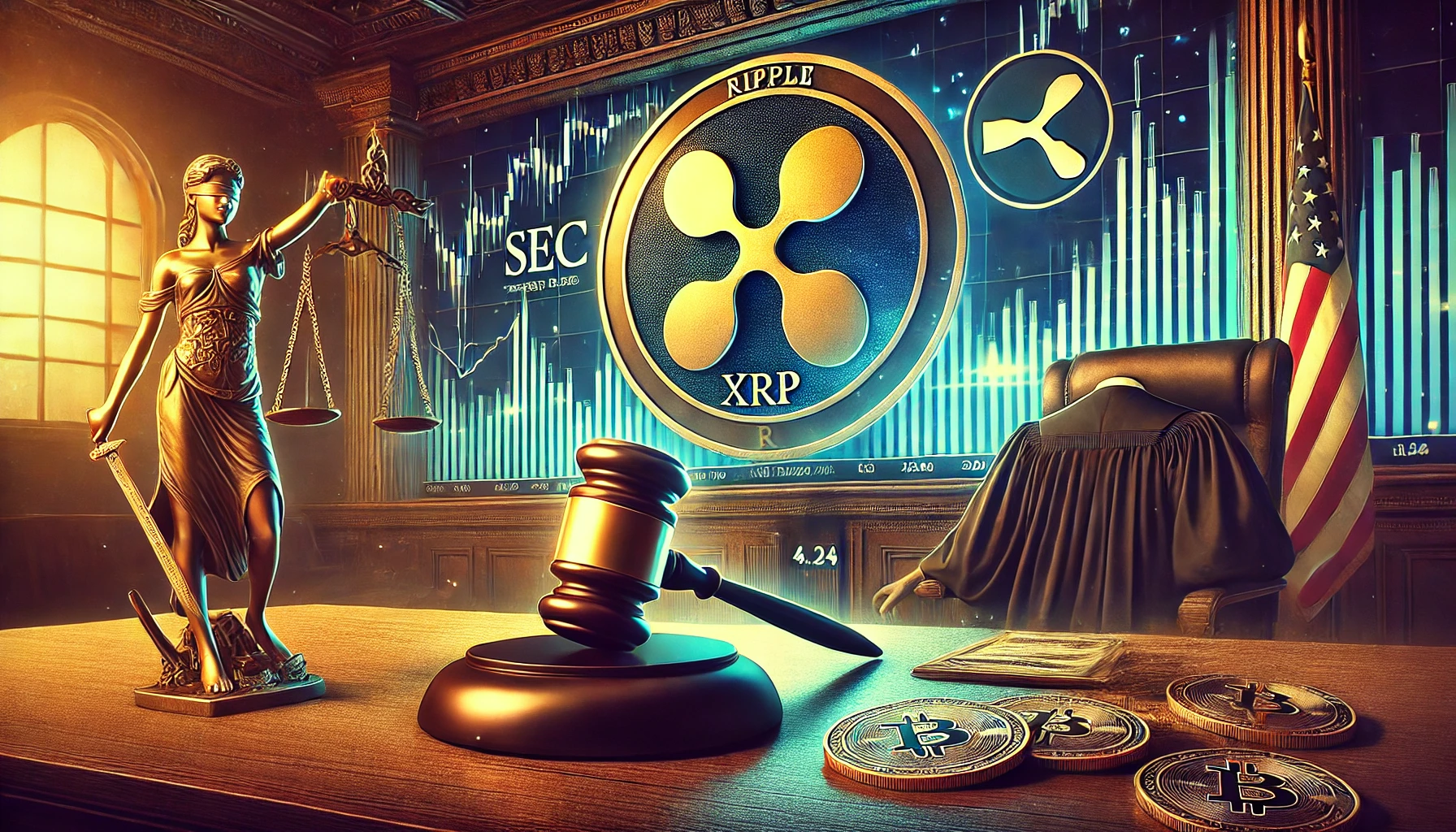 Ripple and the SEC. The image features a courtroom setting with the Ripple XRP lo