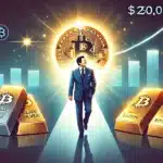 Robert Kiyosaki in a symbolic setting standing between gold and silver bars on one side and a glowing Bitcoin on the other