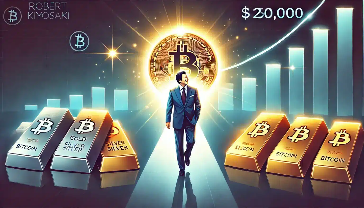 Robert Kiyosaki in a symbolic setting standing between gold and silver bars on one side and a glowing Bitcoin on the other