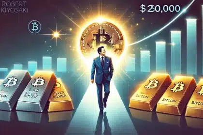 Robert Kiyosaki in a symbolic setting standing between gold and silver bars on one side and a glowing Bitcoin on the other