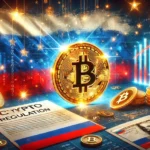 Russia is move towards cryptocurrency regulation. The image features a glowing Bitcoin symbol with the Russian flag in