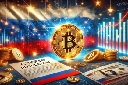 Russia is move towards cryptocurrency regulation. The image features a glowing Bitcoin symbol with the Russian flag in