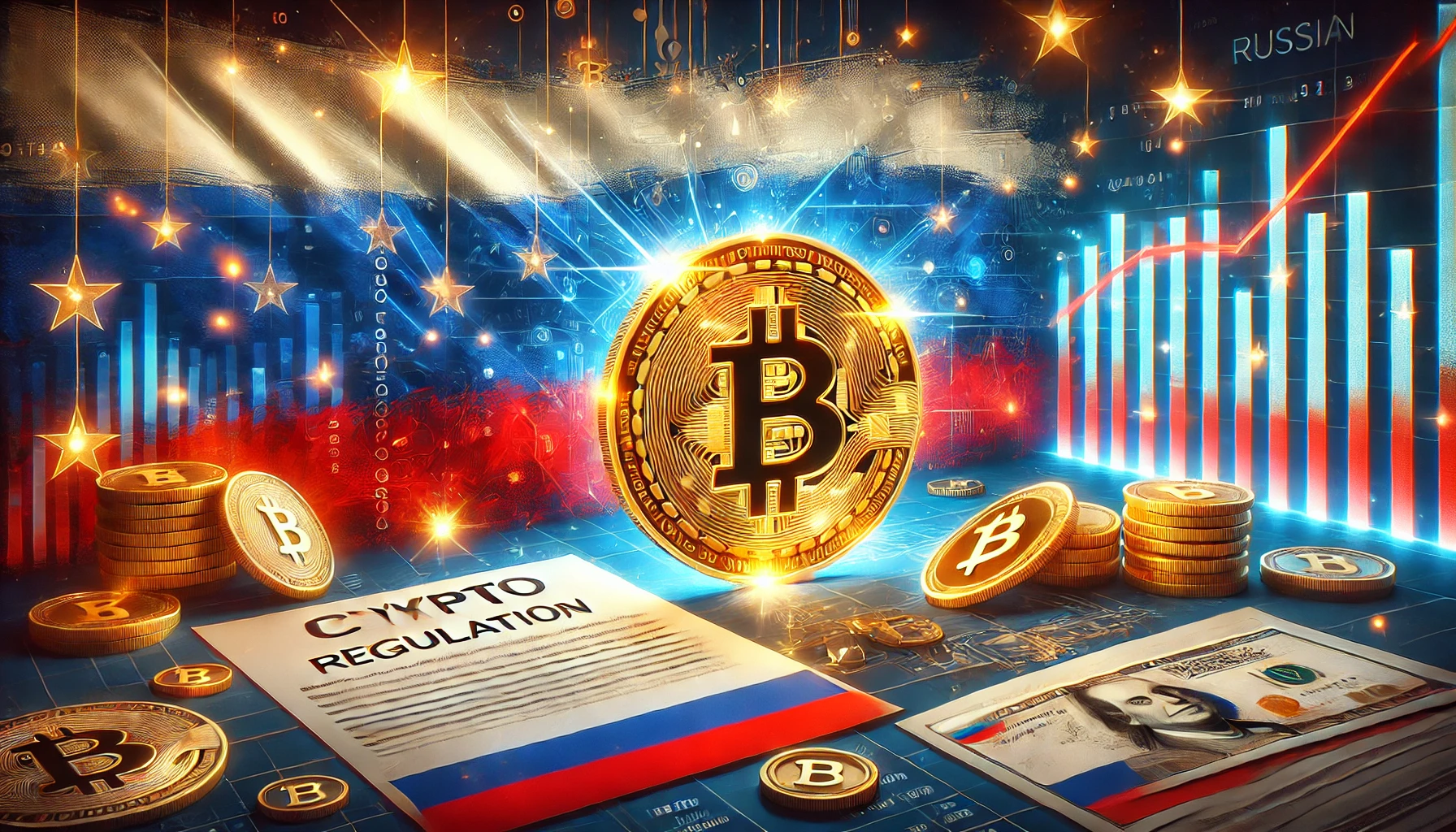 Russia is move towards cryptocurrency regulation. The image features a glowing Bitcoin symbol with the Russian flag in