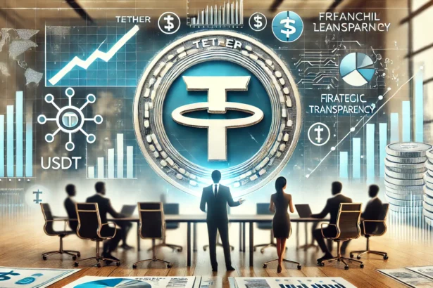 Tether is leadership change and financial transparency efforts. The image features the Tether USDT l