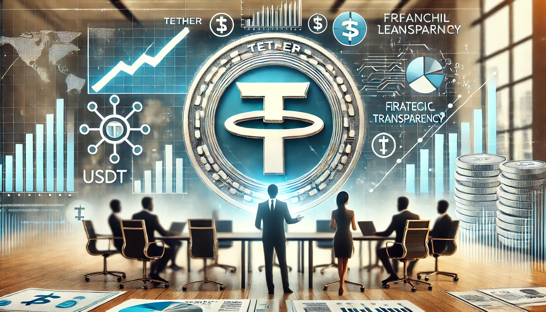 Tether is leadership change and financial transparency efforts. The image features the Tether USDT l