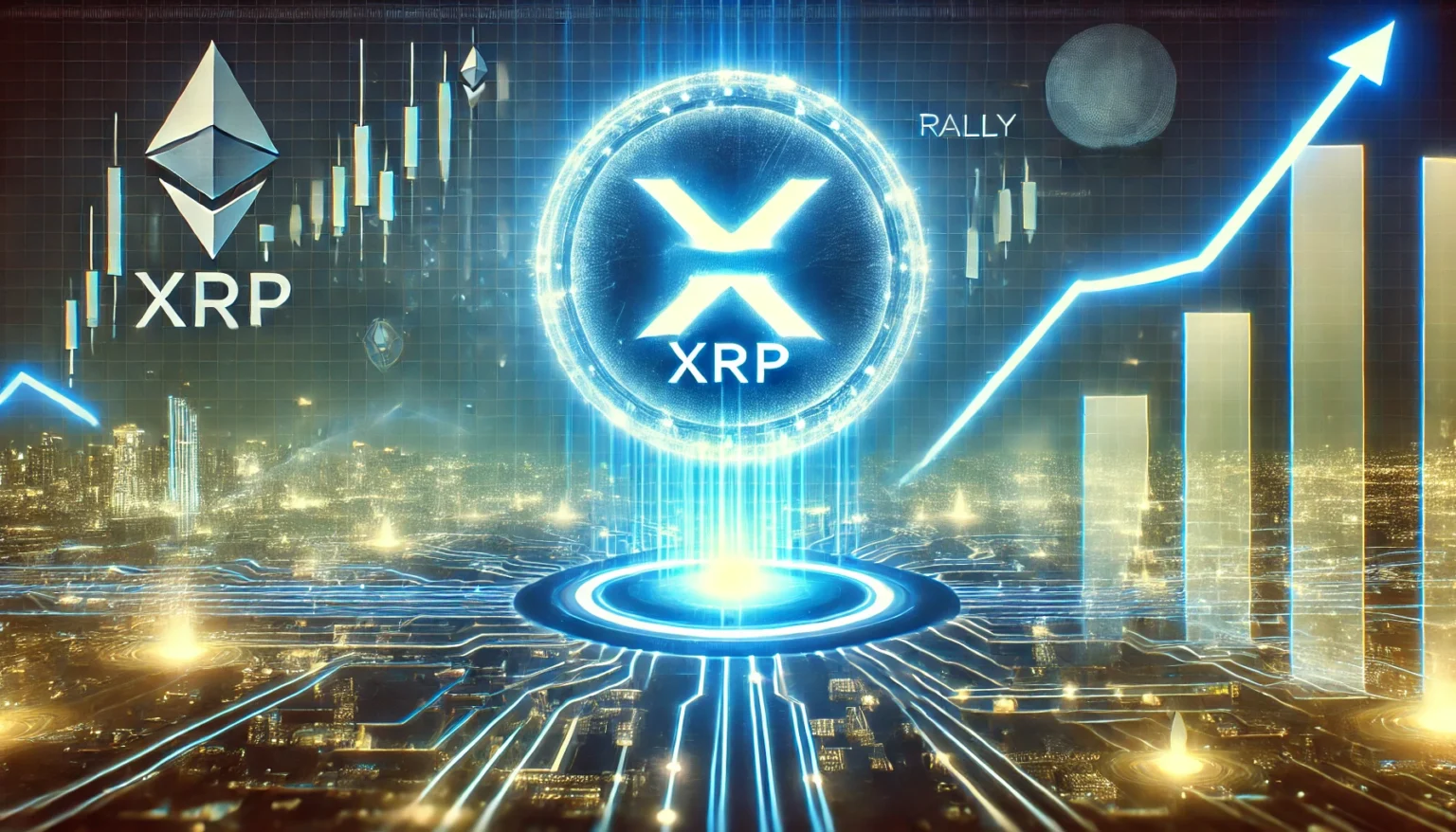 XRP is potential market rally. A glowing XRP logo is displayed prominently with upward price trend lines and a