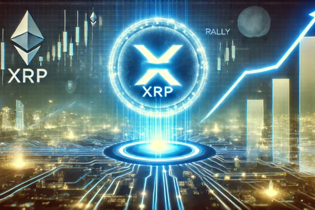 XRP is potential market rally. A glowing XRP logo is displayed prominently with upward price trend lines and a