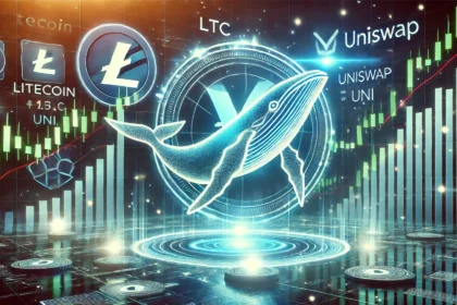 crypto market. The image features the logos of Litecoin LTC Uniswap UNI and