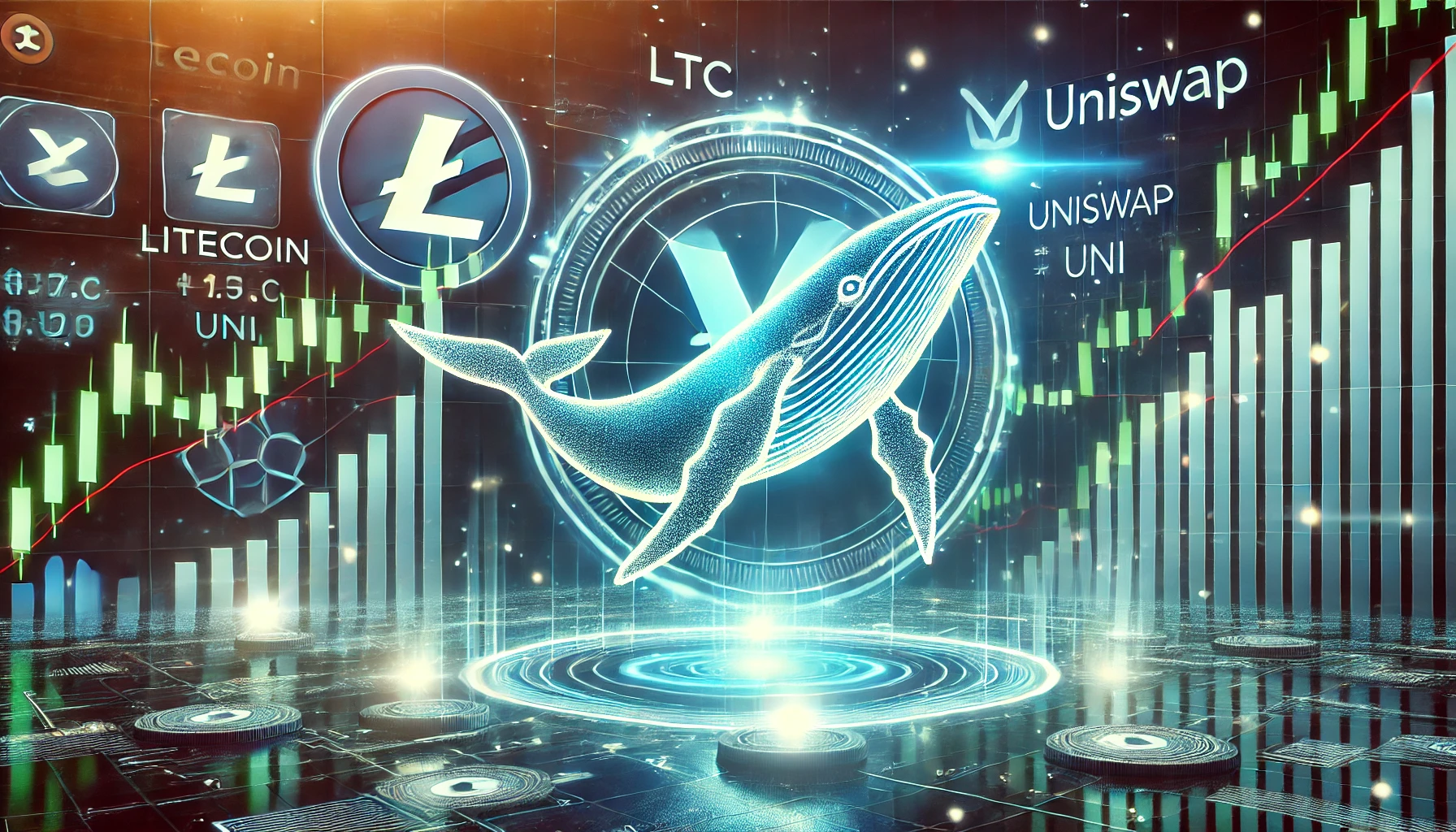 crypto market. The image features the logos of Litecoin LTC Uniswap UNI and