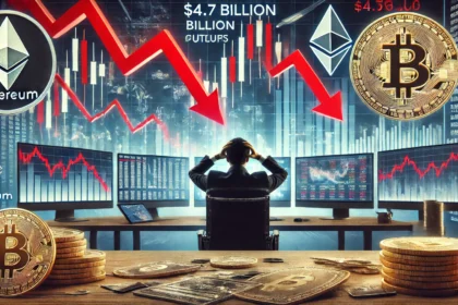 cryptocurrency funds. A digital trading chart shows declining Bitcoin and Ethereum pri