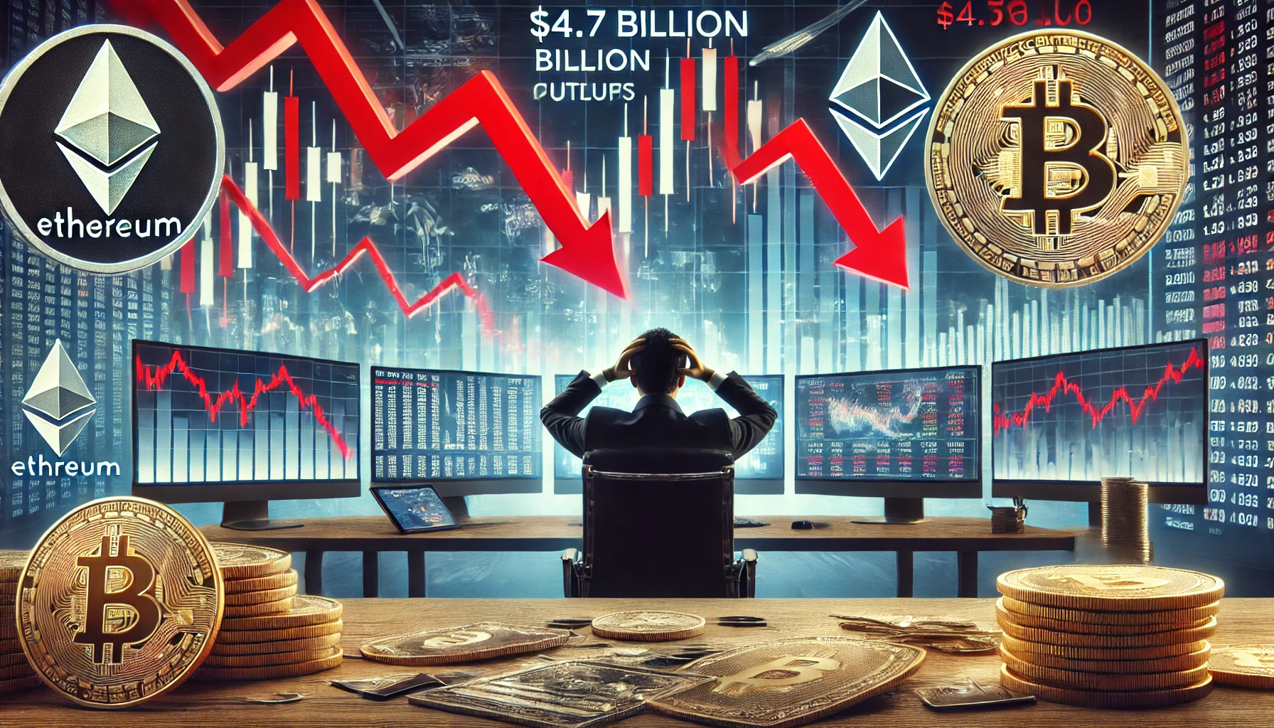 cryptocurrency funds. A digital trading chart shows declining Bitcoin and Ethereum pri