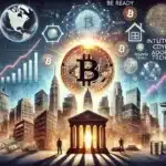 cryptocurrency themed illustration showing Bitcoin BTC standing strong amid global financial shifts. Include symbolic elements like a glo