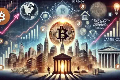 cryptocurrency themed illustration showing Bitcoin BTC standing strong amid global financial shifts. Include symbolic elements like a glo