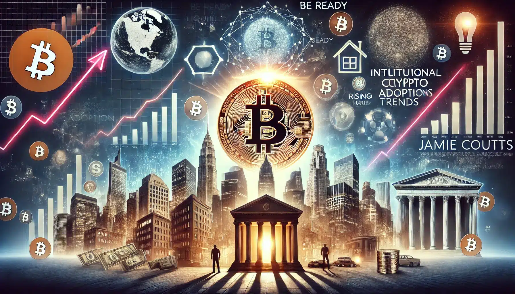 cryptocurrency themed illustration showing Bitcoin BTC standing strong amid global financial shifts. Include symbolic elements like a glo