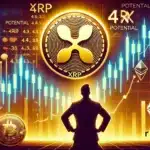 cryptocurrency themed image showing the XRP Ripple coin glowing with upward price momentum. Include price charts indica