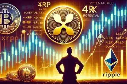 cryptocurrency themed image showing the XRP Ripple coin glowing with upward price momentum. Include price charts indica