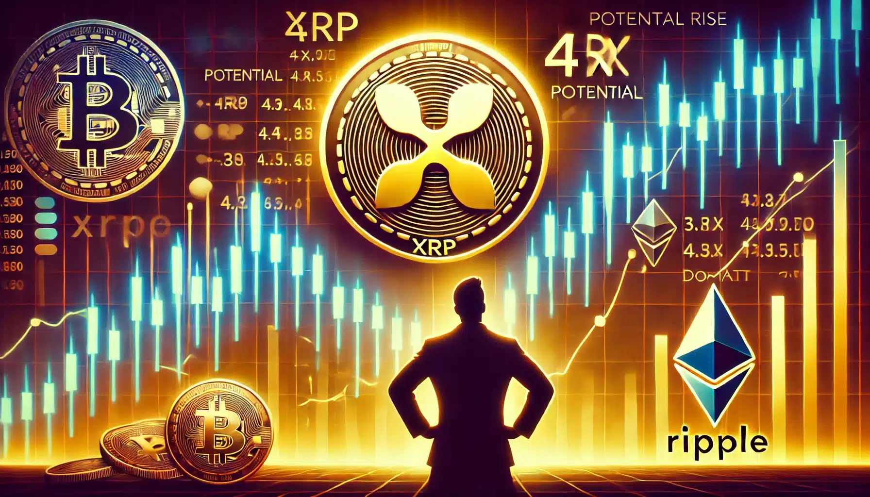 cryptocurrency themed image showing the XRP Ripple coin glowing with upward price momentum. Include price charts indica