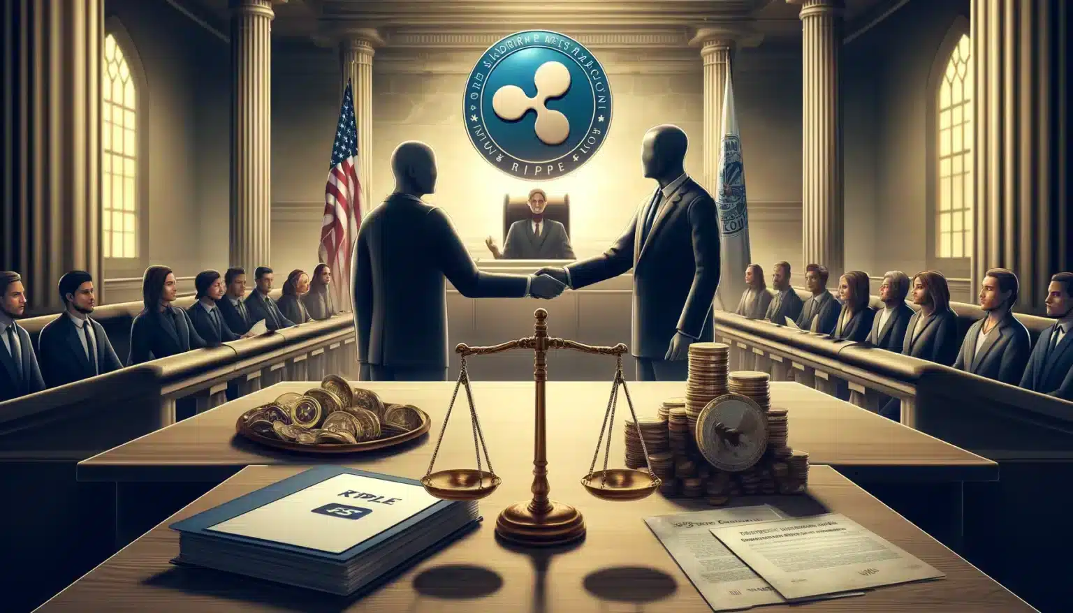 legal and regulatory debate between Ripple XRP and the U.S. SEC. The scene shows Ripple is logo