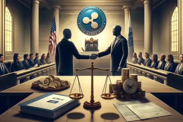 legal and regulatory debate between Ripple XRP and the U.S. SEC. The scene shows Ripple is logo