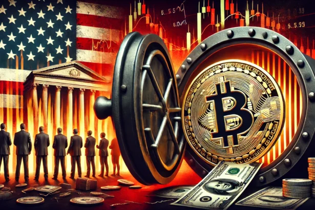 risks of the U.S. Strategic Bitcoin Reserve. The scene features a large Bitcoin coin inside a vault with cracks for