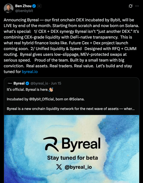 From Shutdown to Solana: How Bybit’s Byreal Aims to Redefine DeFi 24 Bybit Unveils Byreal, First On-Chain DEX