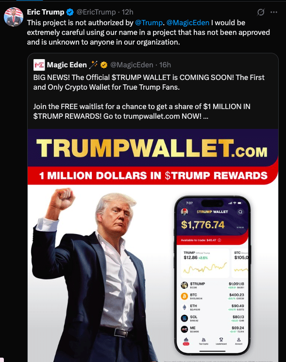 Who Really Owns the Trump Wallet? Magic Eden Silent as Family Threatens Action 24 Magic Eden