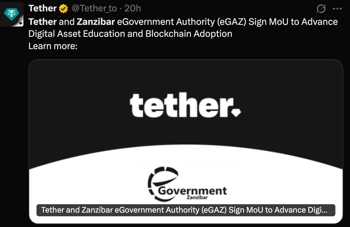 Tether Zanzibar partnership