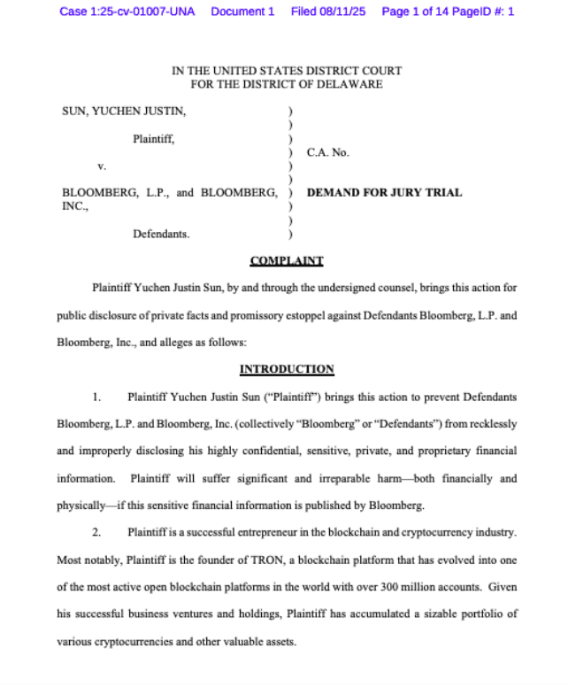 Justin Sun Sues Bloomberg
