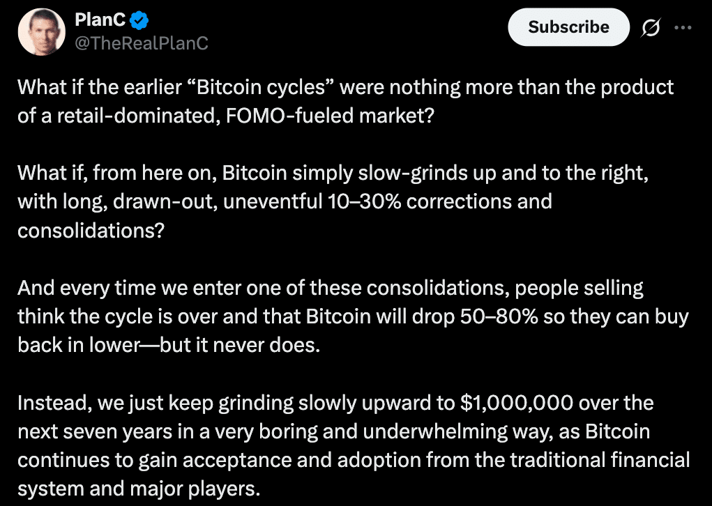 Bitcoin Slow Grind Narrative Gains Traction as PlanC Outlines Path to $1 Million 24 Analyst Bitcoin Slow-grind Narrative