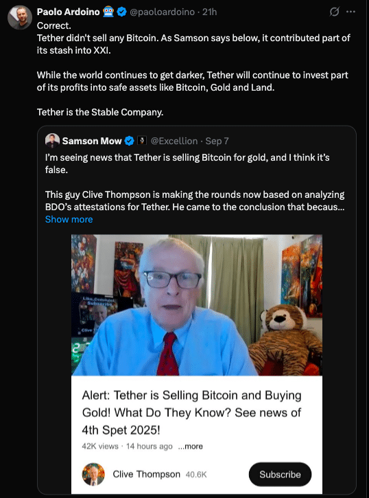 Tether CEO Refutes Allegations of $1B BTC Sale Amid Gold Expansion 24 Tether Rumor: Firm Says It Didn’t Sell $BTC TO Fund a Gold Push