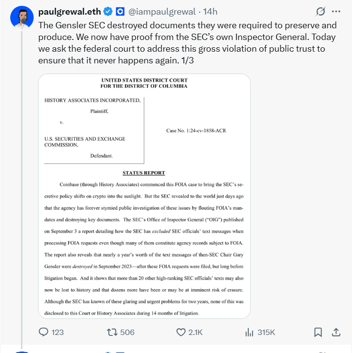 Coinbase Pushes for SEC Accountability Amid Lost Gensler Text Message Scandal 25 SEC and Gary Gensler
