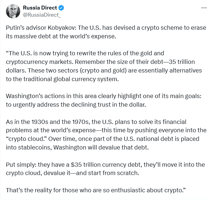 Bitcoin e ouro vistos como rota de fuga dos EUA da dívida de US$ 35 trilhões: assessor de Putin