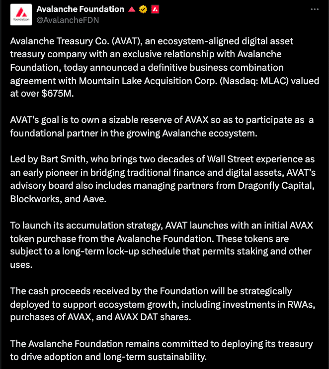 Avalanche Treasury Co. Merges to Build $1B AVAX Treasury