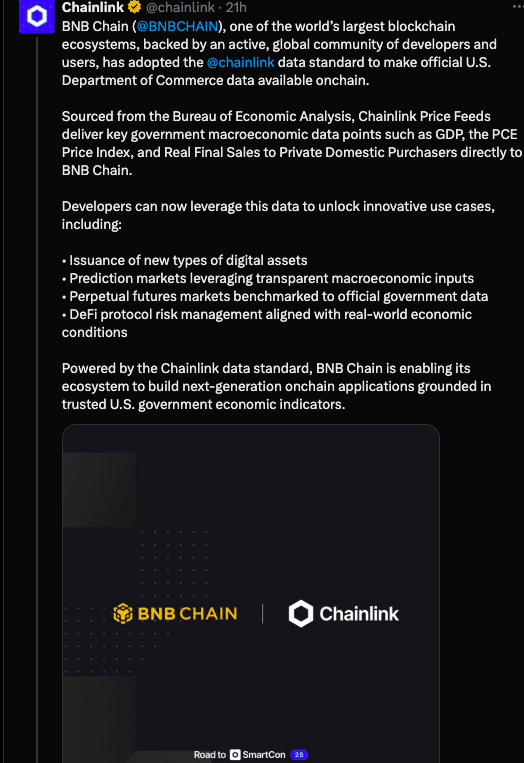 BNB Chain Integrates Chainlink to Stream Onchain US Economic Data