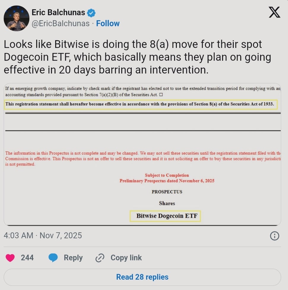 Bitwise Dogecoin ETF to Go Live in 20 Days: Could it Ignite a DOGE Rally by Late November?