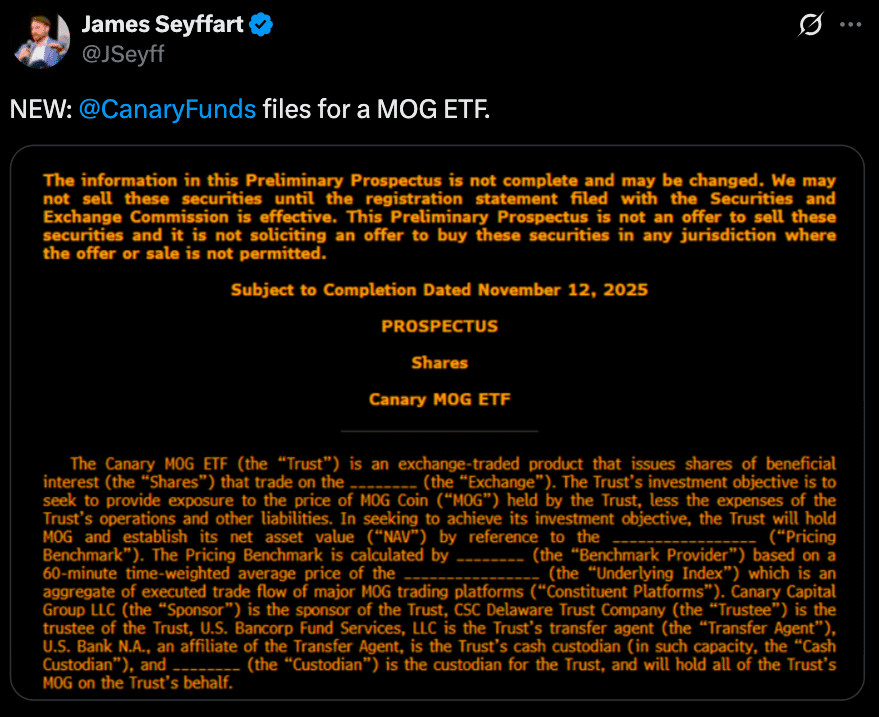 Canary Capital Files First-Ever U.S. Meme Coin ETF for MOG Coin 24 Meme Coin ETF: Canary Capital’s Bold Move into MOG Coin