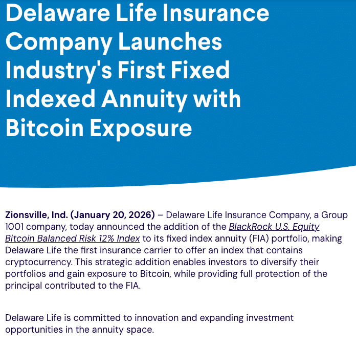 Delaware Life Debuts First Bitcoin Linked Annuity With BlackRock’s IBIT