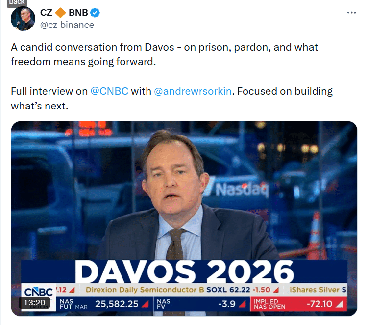 CZ Rules Out Return to Binance as He Predicts 2026 Bitcoin Supercycle 20 CZ Davos interview