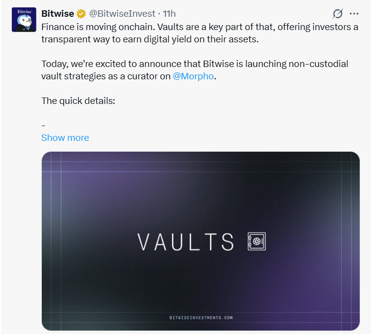 Bitwise Morpho Vault Marks Asset Manager’s Entry Into DeFi 25 Bitwise DeFi