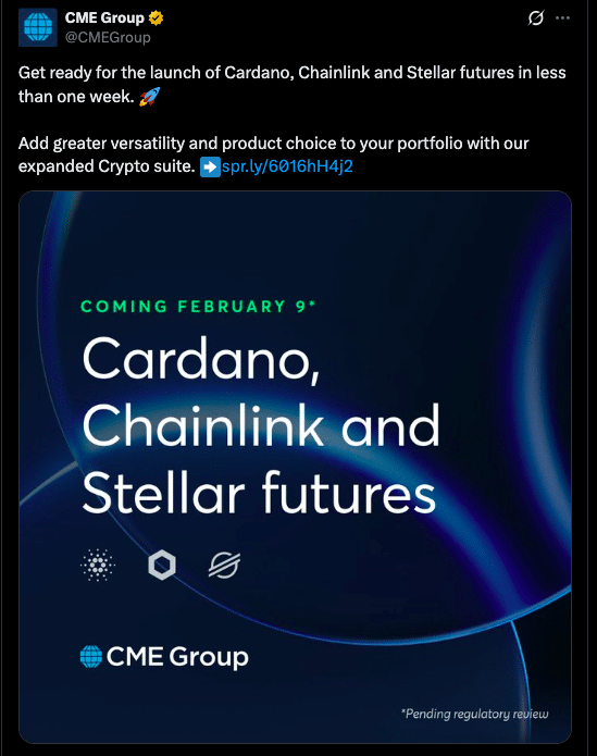 CME Altcoin Futures Go Live on Feb 9 for Cardano, Chainlink and Stellar 