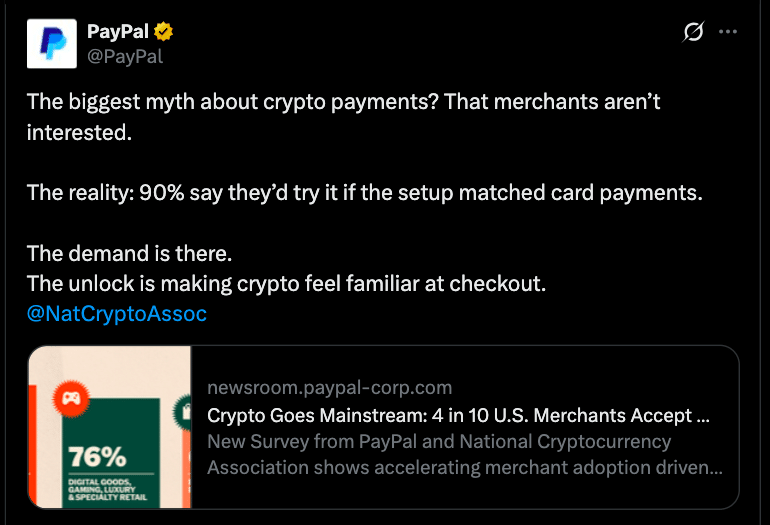 Crypto Payments Go Mainstream: PayPal Claims 9 in 10 Merchants Ready If It Gets Easier